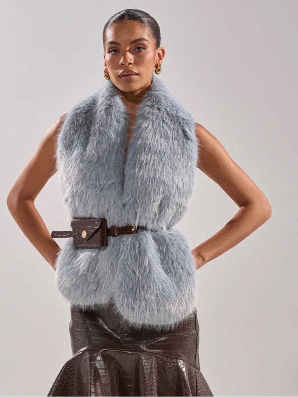 Faux Fur Collar Vest with Belted Detail in Light Blue Gray